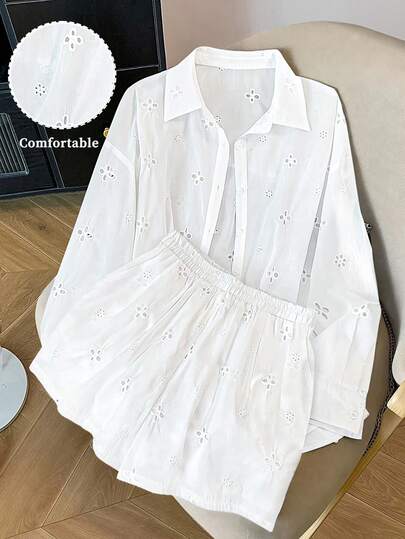 GlowEve CURVE Plus-Size  Women's Casual And Elegant White Openwork Fabric Autumn And Winter Top, Slimming And Slimming Long-Sleeved Top, Shirt With Elastic Band At The Waistband, Openwork Fabric Shorts, White Two-Piece Set For Parties, Weddings, Gatherings, Valentine's Day And Spring Outfits