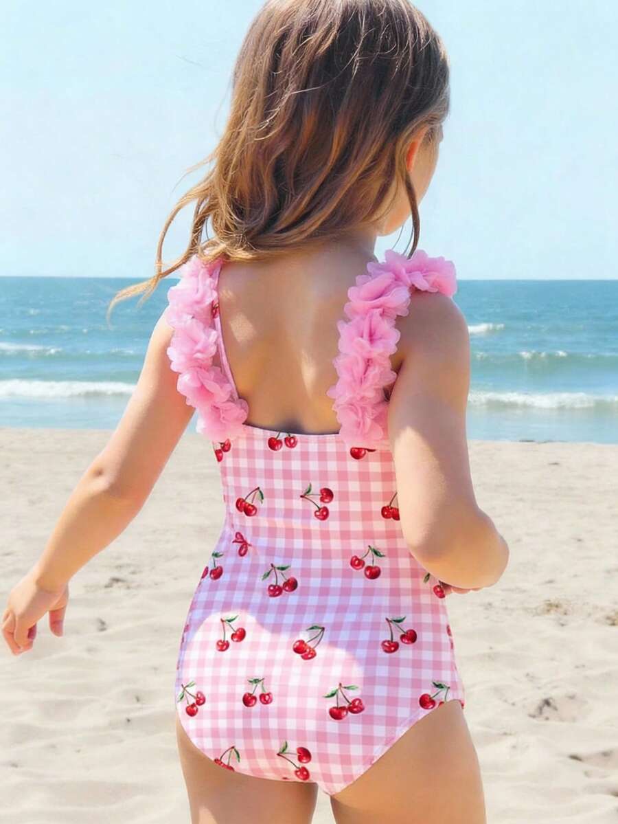 Emery Rose Kids Emery Rose Kids Young Girl Knitted Plaid Cherry Pattern One-Piece Swimsuit - Pink - View 1