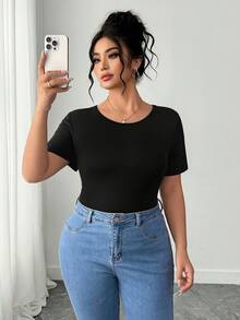 SHEIN Elenzya Plus Size French Elegant Commuter Casual Bow Back Short Sleeve T-Shirt, Spring/Summer - Black - View 6