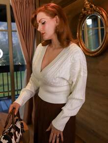 Gretanique 女式深 V 领麻花针织拼布毛衣，宽松上衣和紧身下装，米色，秋冬 - 米色 - 查看 4