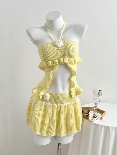 Elamini Women's Fashion Sexy Cute Versatile Multi-Color Halter Neck 3D Floral Hollow Knit Top & Puff Mini Skirt 2-Piece Set, Spring/Summer