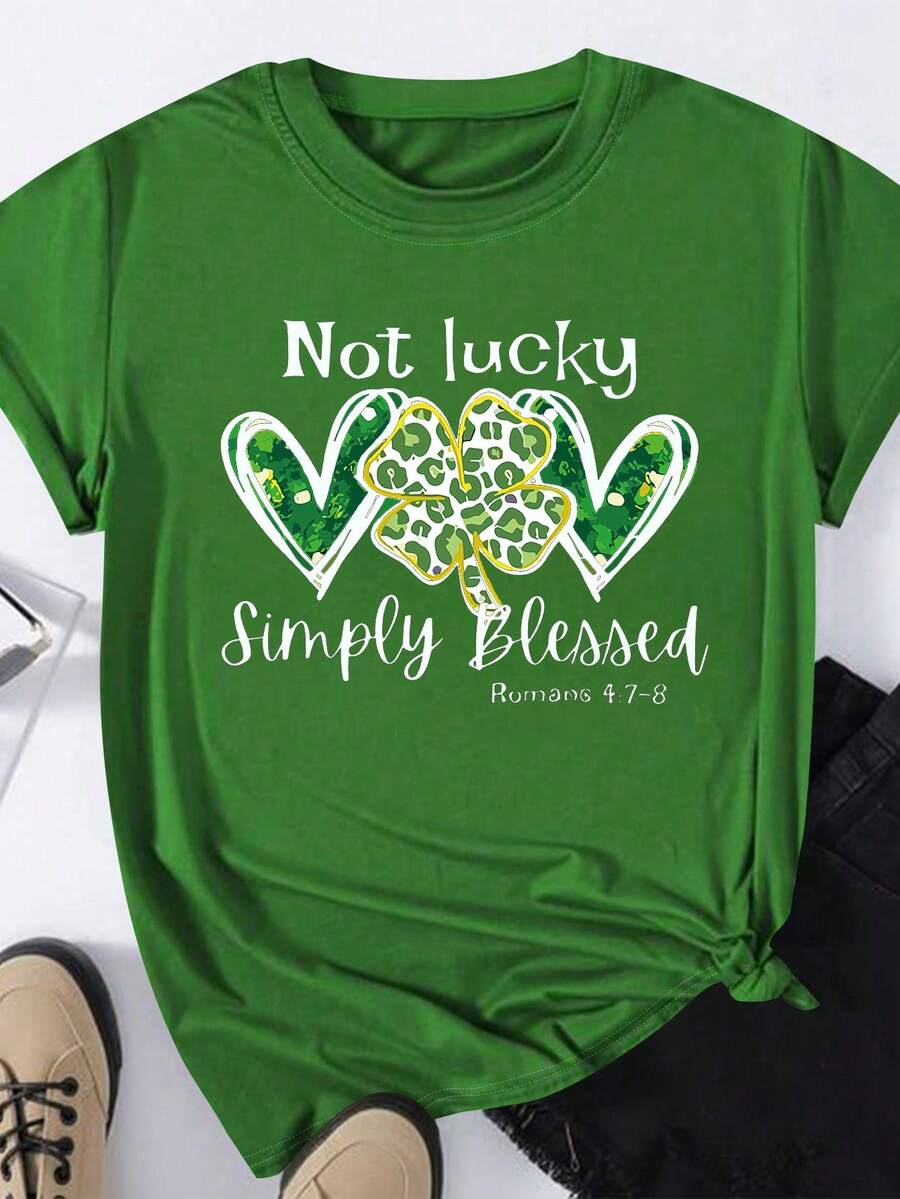 EMERY ROSE 女士加大码爱心、字母和三叶草图案圆领短袖T恤，休闲款，Not Lucky Simply Romans 4:78 图案T恤，女士上衣 - 綠色 - 查看 1