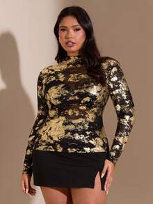 SHEIN BAE Áo nữ cỡ lớn, in họa tiết vàng, cổ đứng, chất liệu lưới xuyên thấu, tay dài, ôm sát, thích hợp cho các dịp thường ngày, hẹn hò, đi chơi đêm, câu lạc bộ, tiệc tùng, phù hợp cho hẹn hò hàng ngày, đi chơi đêm, câu lạc bộ, tiệc cưới, tiệc tùng, tiệc cocktail, áo sequin vàng ánh kim lấp lánh cho nữ, vải vàng loang, áo tay dài xuyên thấu màu đen và vàng. - Vàng - Xem 3