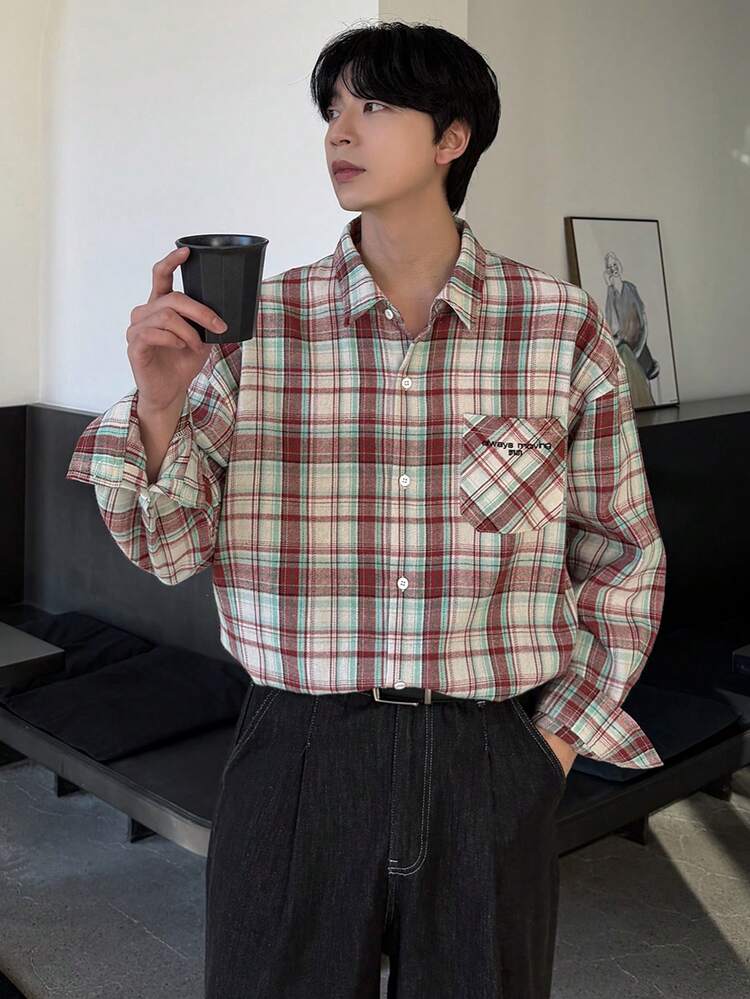 Men's Plaid Multi-Color Long Sleeve Single-Breasted Pocket Shirt, Suitable For Spring And Autumn
