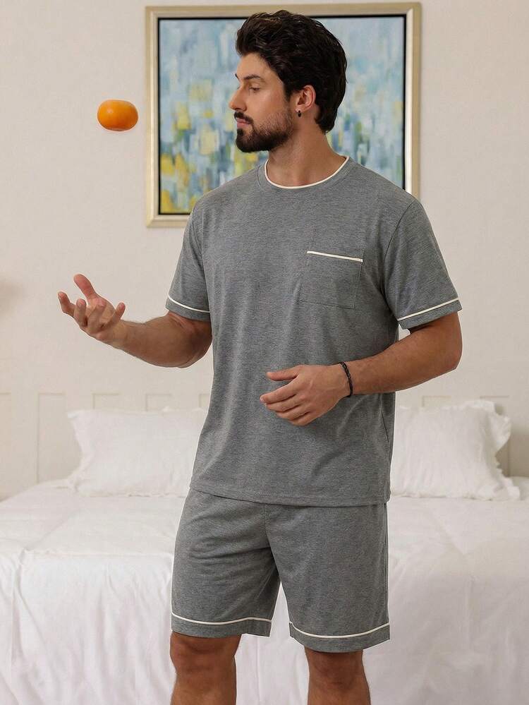 Men's Solid Gray Short Sleeve T-Shirt And Shorts Pajama Set, Summer