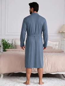 DAZY Men's Solid Color Long Robe, Spring/Summer - Blue - View 2