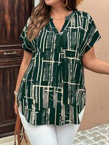 EMERY ROSE Camisa casual de mujer talla grande con cuello en V, manga corta tipo murciélago y estampado geométrico - Verde Oscuro - Ver 1