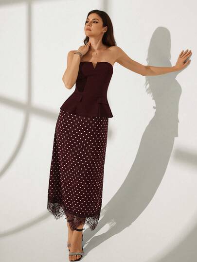 Lyxana 2pcs/Set Summer Elegant Solid Color Tube Top & Polka Dot Print Skirt
