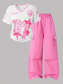 SHEIN ChillGRL Tween Girls' Casual Letter Striped V-Neck Off Shoulder Loose T-Shirt & Numeric Graphic Tee With Chic Utility Straight Leg Pocket Pants 2-Piece Set, Fashionable Spring/Summer/Autumn - Pink - View 9