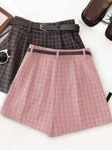 Franclia 女士复古格纹褶裥短裤，带腰带环，优雅秋季之选 - 粉色 - 查看 2