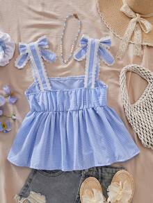 Reset Phase 少女休闲日常时尚蓝白格子荷叶边衬衫，配蝴蝶结肩带，适合外出和日常穿着 - 白色 - 查看 5