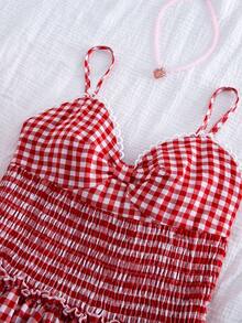 SHEIN 一件女童宽松连衣裙，红白格子图案，可调节肩带，肩部系带，可调节搭扣，腰部收褶设计，双层蛋糕裙摆。适合女孩日常休闲穿着、度假旅行和夏季穿着。 - 紅白色 - 查看 7