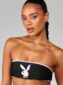 Missguided x Playboy Strapless Bandeau Bikini Set With Pink Bunny Logo And Script Lettering High Waisted Triangle Bottom Two Piece Swimwear Summer Beach Pool Vacation - Multicolor - View 5