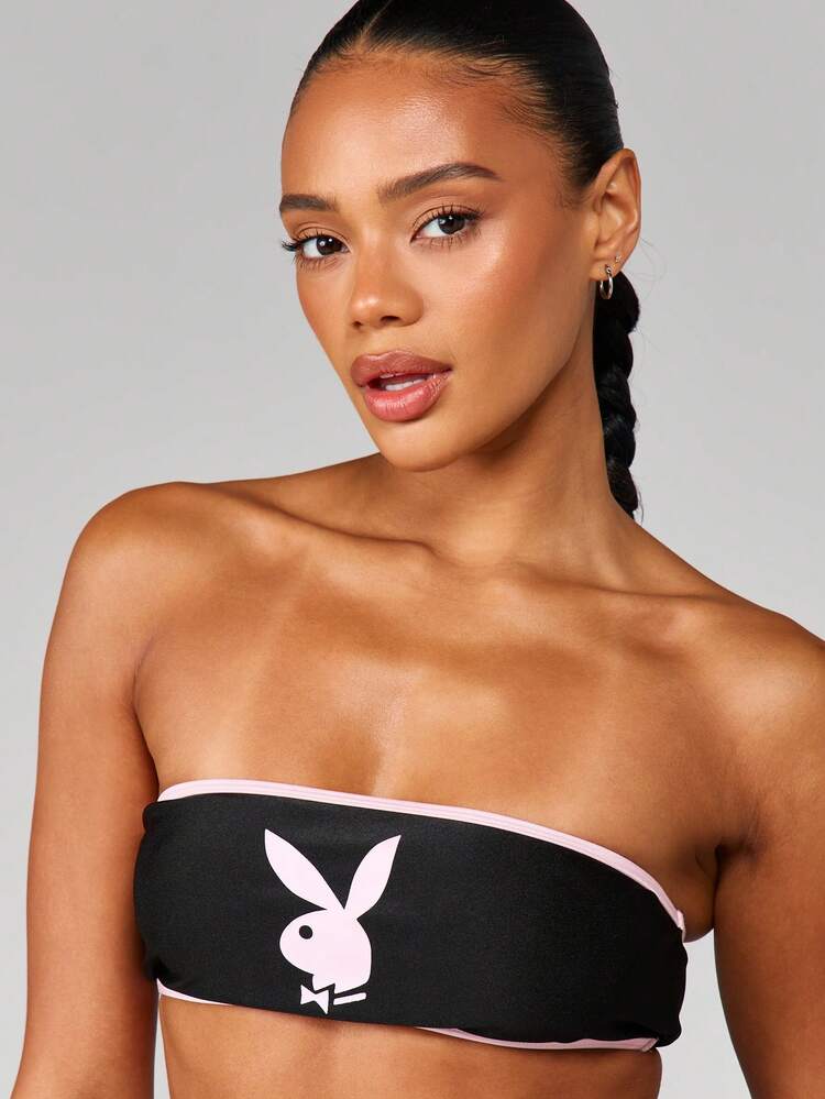 Missguided x Playboy Strapless Bandeau Bikini Set With Pink Bunny Logo And Script Lettering High Waisted Triangle Bottom Two Piece Swimwear Summer Beach Pool Vacation