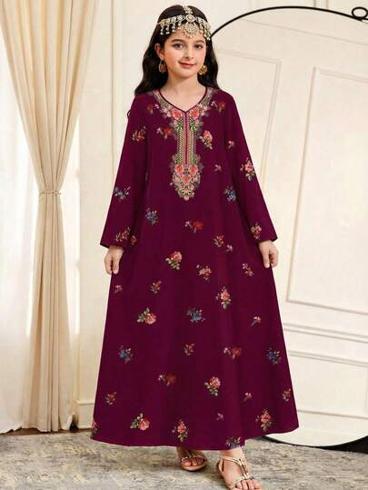 Elegant Vintage Distinkt Värdig Kaftan Maxiklänning, Tryck, Gyllene Spetstryck, Datumröd, Lämplig för Vår/Sommar, Lämplig för Firanden, Festliga Tillfällen, Graciös Dam, Arabisk Stil Långärmad V-ringad Lös Maxiklänning, Lämplig för Firanden, Lämplig för Vardagskläder, Lämplig för Utflykter, God Helg, Abaya, Traditionella Arabiska Klädsel, Jalabiya, Abaya, Abaya, Spets