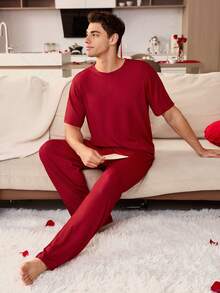 SHEIN 男士红色针织圆领短袖长裤睡衣套装（2件套） - 酒紅色 - 查看 5