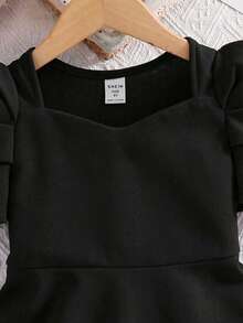 SHEIN 女童纯色泡泡袖修身休闲连衣裙 - 黑色 - 查看 5