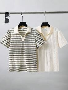 SHEIN 两件套男童休闲条纹纯色针织短袖polo衫套装，百搭夏季，适合生日派对、晚宴、演出、婚礼、洗礼和学校/假期等场合。 - 彩色 - 查看 3