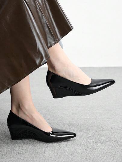 CUCCOO BIZCHIC Women's Pointed Toe High Heel Slip-On Shoes, Black PU Leather, Fashionable Minimalist Design, Comfortable For Daily, Party, Commute