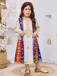 SHEIN Conjunto de 2 piezas para niña joven con cárdigan elegante decorado con pedrería y vestido de cuello en V - Multicolor - Ver 3