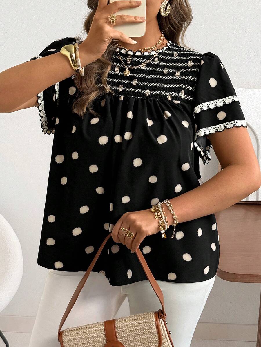 Ceyna 大码波点编织花卉饰边衬衫，春夏款