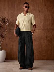 AKNOTIC 男士休闲通勤条纹锥形西装裤 - 黑色 - 查看 4