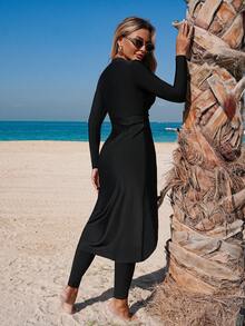 Swim Mulvari 2pcs Women's New Spring/Summer High Neck Long Sleeve High Slit Ruffle Top And Long Pants Swimsuit, Middle East Beach Cruise Vacation Swimwear, Sun Protection Casual Beach - Black - View 3