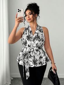 Elenzga Plus Size Women Ditsy Floral Sleeveless Halter Blouse - Black and White - View 1