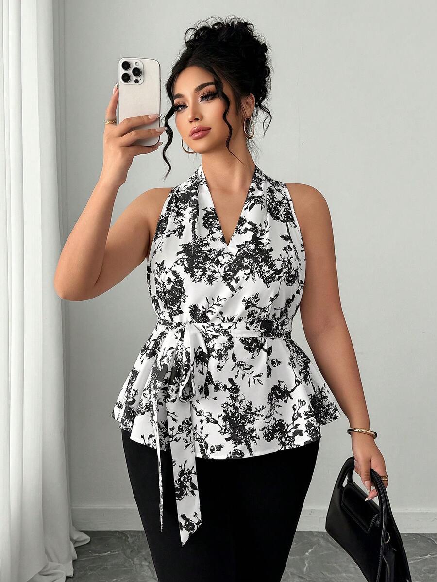Elenzga Plus Size Women Ditsy Floral Sleeveless Halter Blouse - Black and White - View 1