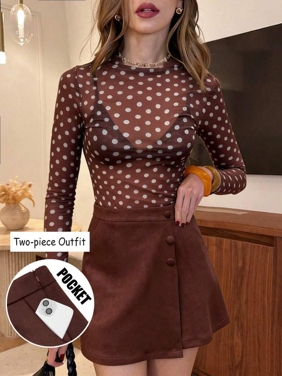 Chiquease Bộ đồ hai mảnh thời trang thanh lịch dành cho nữ, áo lưới chấm bi dệt kim màu cà phê và quần short cà phê da lộn, quần short có túi và nút trang trí ở cả hai bên, quần áo mùa đông dành cho nữ, bộ đồ mùa đông dành cho nữ, quần áo thu đông ấm áp dành cho nữ, quần áo mùa thu đông dành cho nữ, quần áo giáng sinh mùa thu đông dành cho nữ, quần áo năm mới cho bộ đồ thanh lịch dành cho nữ - Nhiều màu - Xem 1
