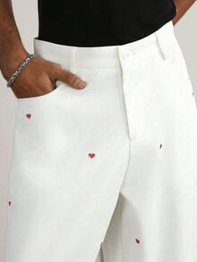TOKVUE Men Wide Leg Pants,Valentine's Day Outfits, Valentine's Day Gifts,Heart Embroidery Pattern,Unisex Style,Boy Friend Gifts,A Must-Have For Back-To-School Season - White - View 7