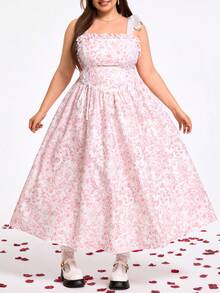 SHEIN CURVE+ Đầm dài in họa tiết thắt nơ dành cho nữ cỡ lớn CURVE PLUS /Ngày Valentine/Thích hợp mặc mùa xuân, đầm ngày Valentine, đầm tốt nghiệp, đầm thanh lịch cho nữ, đầm nghỉ xuân. - Nhiều màu - Xem 7