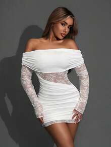 SHEIN ICON Asymmetrical Lace Sheer Off-Shoulder Sexy Mini Dress - White - View 6