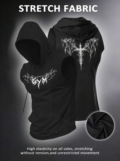 Manfinity EMRG 男士哥特印花抽绳连帽运动背心无袖连帽衫黑色连帽衫健身连帽衫哥特健身服压缩衣