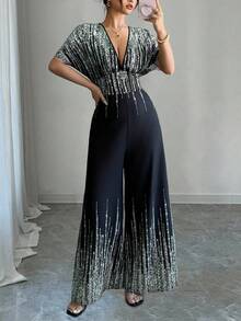 SHEIN Tall CURVE Bộ jumpsuit nữ cỡ lớn in họa tiết bóng bẩy, cổ chữ V sâu, tay cánh dơi, ống rộng - màu xanh lá - Xem 5