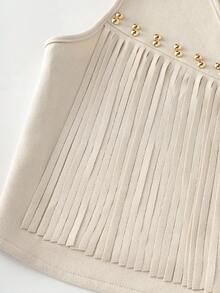 Qadelle Áo khoác nữ da lộn tua rua đính đinh tán phong cách Boho, đa năng cho kỳ nghỉ, mặc hàng ngày, đi làm, thời trang, kiểu Pháp, màu be, thích hợp cho đầu xuân/xuân hè. - Màu be - Xem 4