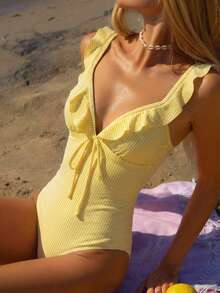 Swim Mod Áo tắm liền thân ngọt ngào dành cho nữ, phối màu sọc, chất liệu đặc biệt, viền bèo nhún, kiểu dáng dự tiệc bể bơi, mùa xuân/hè. - Màu vàng - Xem 1