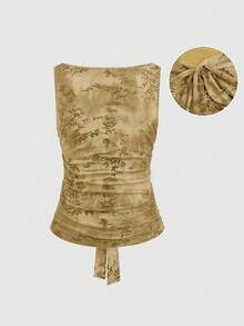 Sweetra Áo hai dây không tay ôm sát, hở lưng, cổ tròn, buộc dây, màu đỏ rượu vang trơn, chất liệu lưới nhung, cỡ lớn, thích hợp cho mùa xuân/thu, hè. - Màu Khaki - Xem 1