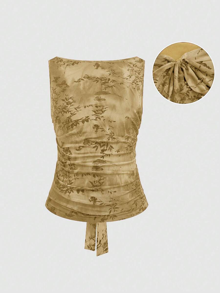 Sweetra Áo hai dây không tay ôm sát, hở lưng, cổ tròn, buộc dây, màu đỏ rượu vang trơn, chất liệu lưới nhung, cỡ lớn, thích hợp cho mùa xuân/thu, hè. - Màu Khaki - Xem 1