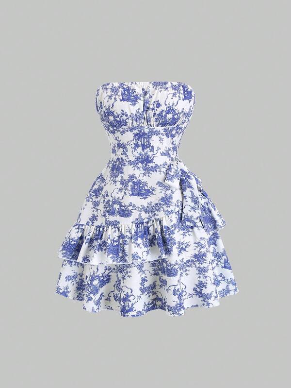 Sweetra Vestido de verano con estampado de bandeau, lazo en la cintura, bajo asimétrico, estilo de moda europeo y americano tipo Ins para vacaciones en la playa