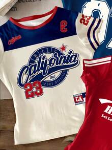 3件套少女休闲创意个性清新简约高品质加州23 07马蝴蝶结徽章五角星字母印花紧身短款T恤，舒适日常穿着，适合春、夏、秋季 - 彩色 - 查看 3