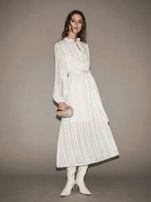 Lumivelle Women's Spring/Summer Fashion Long Sleeve Ruffle Collar Cinched Waist Waist Polka Dot Dress