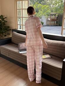 SHEIN Napfluff Pink & White Plaid Print Pattern Women Short Sleeve Pajama Set - Multicolor - View 2