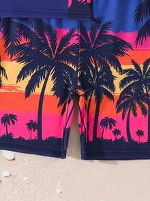 SHEIN 男童热带椰树印花针织背心式泳衣套装，适合夏季海滩、游泳、度假、冲浪、潜水 - 彩色 - 查看 4