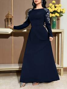 Modelyn 女士花卉串珠装饰长袖优雅连衣裙 - 藏蓝色 - 查看 3