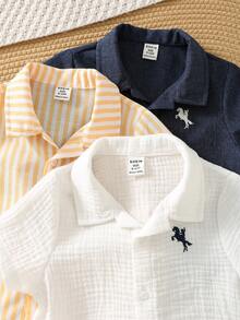 SHEIN 3件套男婴夏季休闲百搭格子、条纹、印花短袖衬衫套装，适合生日派对、锐舞派对、晚宴、演出、婚礼、迎婴派对、一周岁生日庆祝等场合。 - 彩色 - 查看 4