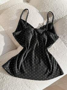SHEIN Polka Dot Lace Patchwork Bow Tie Camisole - Black - View 7