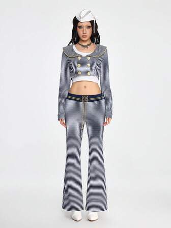 Grunge Punk Retro Nautical Navy Blue & White Striped Open Front Short Lightweight Jacket