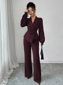 SHEIN Elenzya Bộ quần ống loe dáng chữ A, dáng suông, màu trơn, cổ bẻ không đều, thanh lịch, thoải mái khi đi làm, đi nghỉ, tiệc trà chiều dành cho nữ, phù hợp cho mùa xuân, thu, đông - Màu Tím - Xem 3
