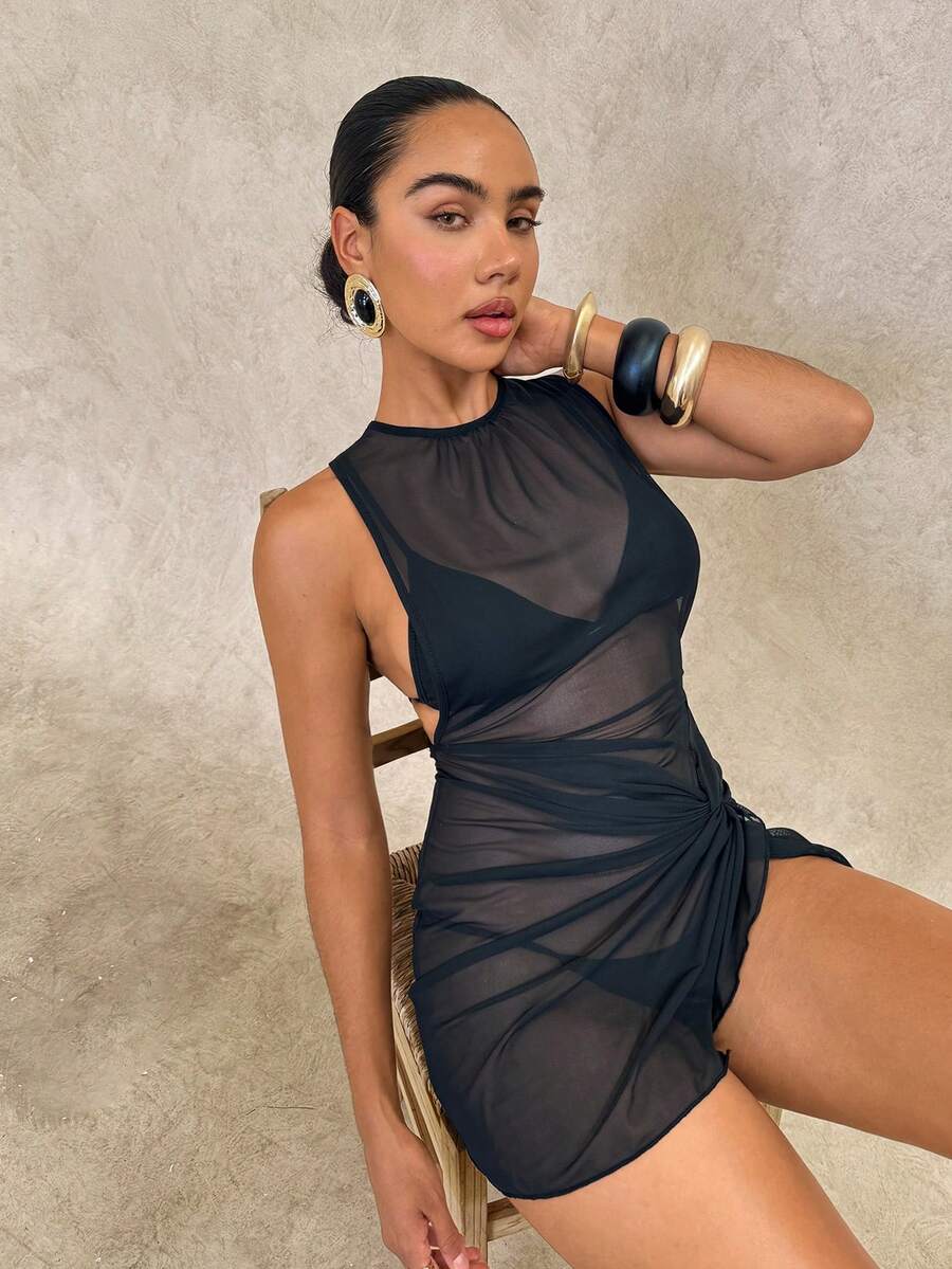 Swim Glamine Women's Round Neck Mesh Patchwork Ruffle Sexy Beach Cover Up Dress - Black - View 1